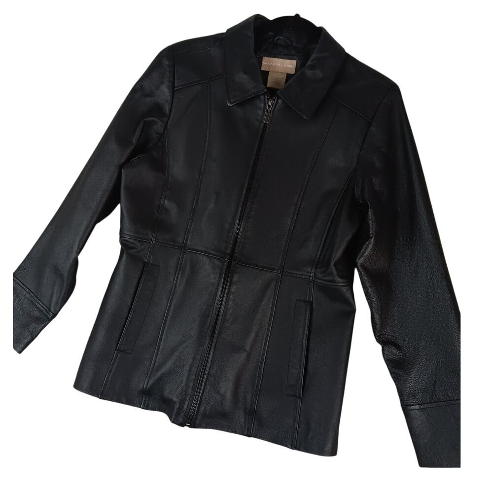 Signature Studio Leather‎ Jacket Womens L Black Moto Lined Full Zip Luxury Dress